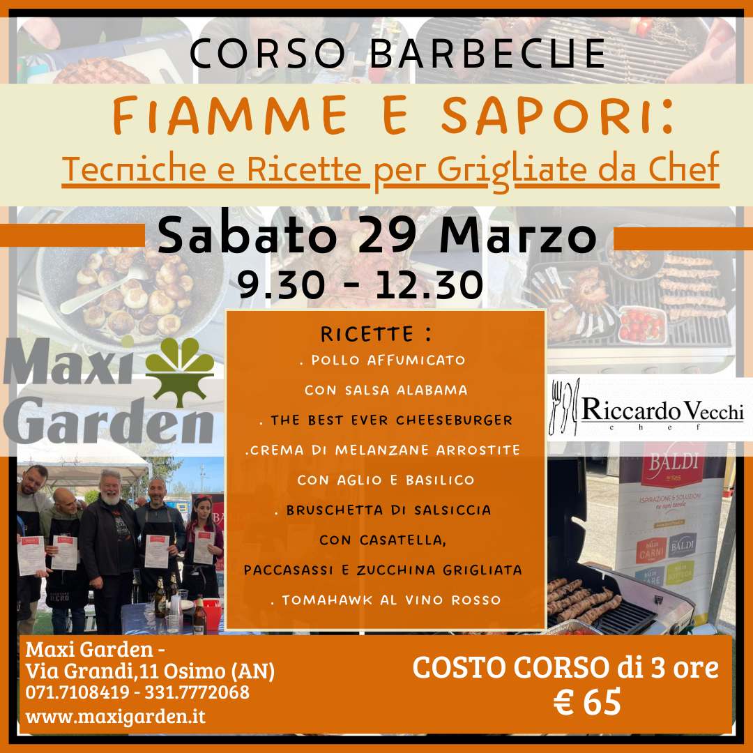 Corso Bbq Sabato 29 Marzo 2025 dalle ore 9:30 alle ore 12:30 "FIAMME & SAPORI"