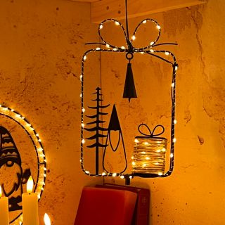 Christmas Gift Pacco H28cm serie MPK Metal & Paper Rope in Metallo Nero illuminata da MicroLED BIANCO CALDO - Lotti Importex